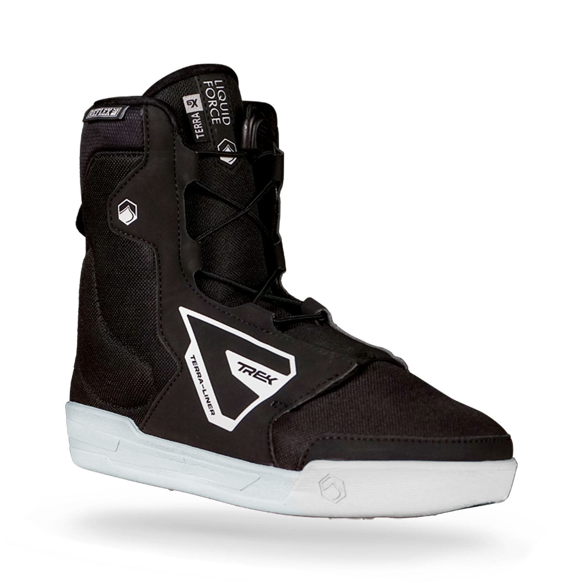 Liquid Force black high-cuff wake boots with a white sole, sleek design, and branding details.