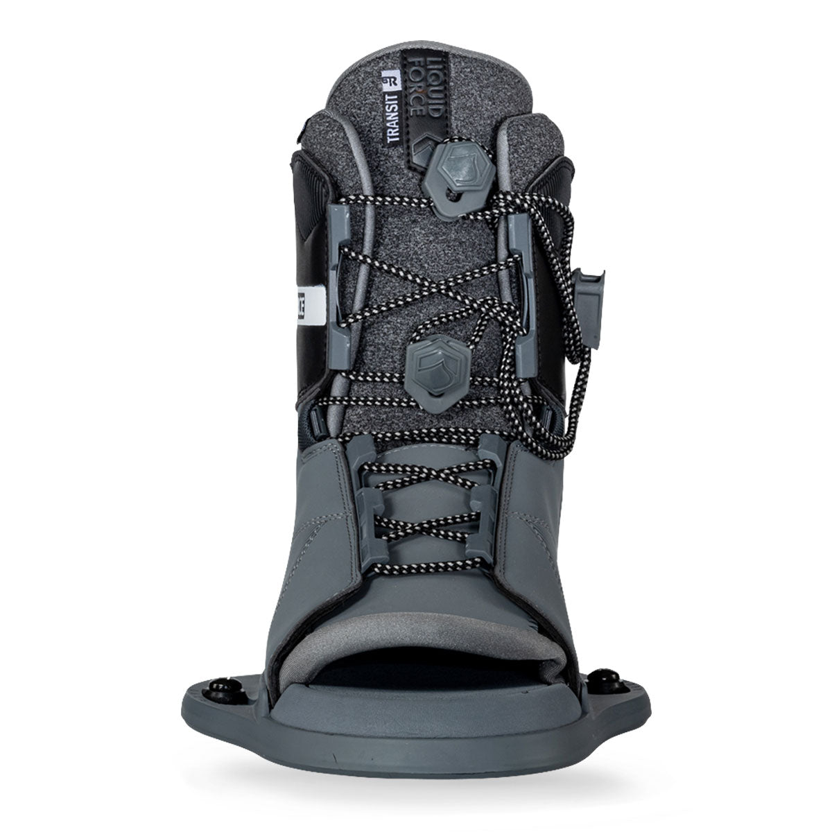 Gray and black wakeboard binding and laces, ideal for wakeboard enthusiasts.