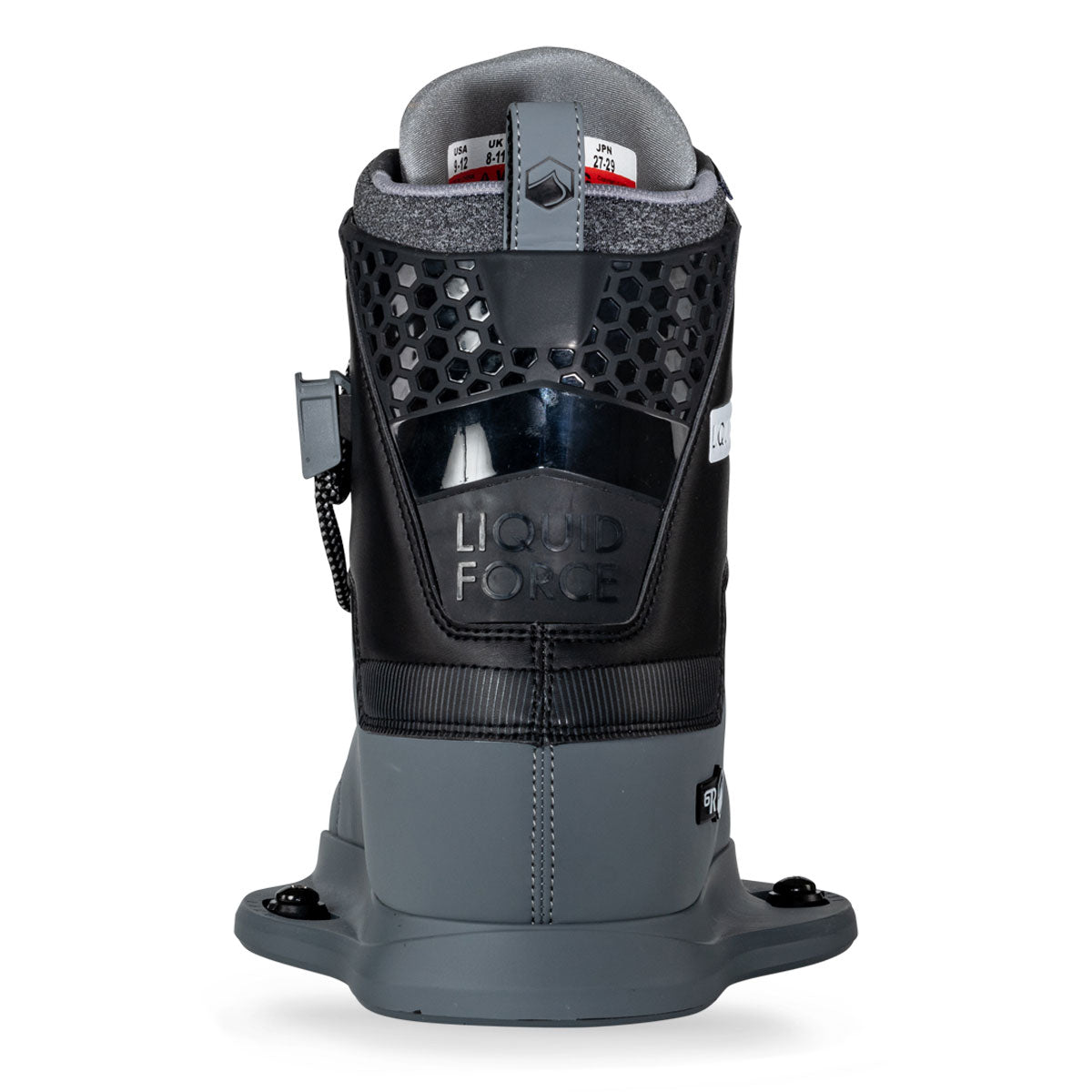 Rear view of wakeboard binding, showcasing its black and gray heel and textured design.