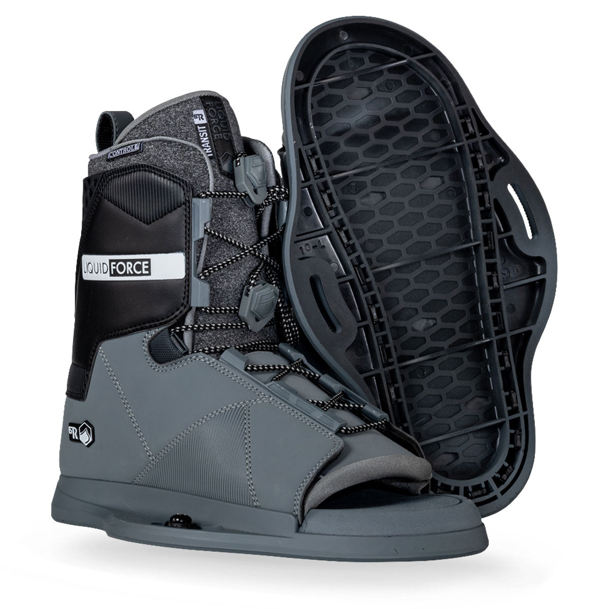 Wake boots are gray and black with open toes, laces, and second boot set at an angle to view base / bottom footbed displaying mounting construction.