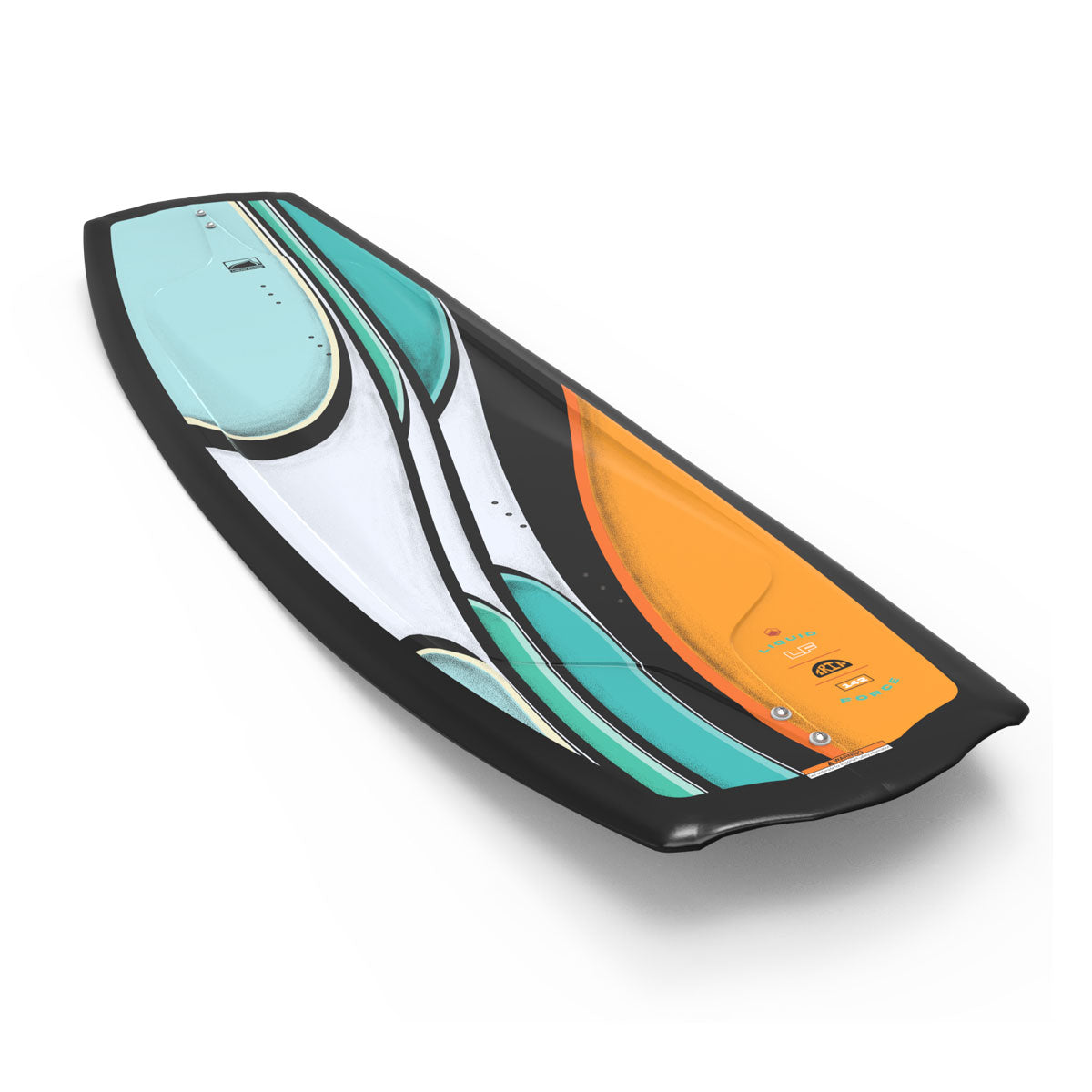 Colorful Trip wakeboard featuring a teal, white, black, and orange geometric design.