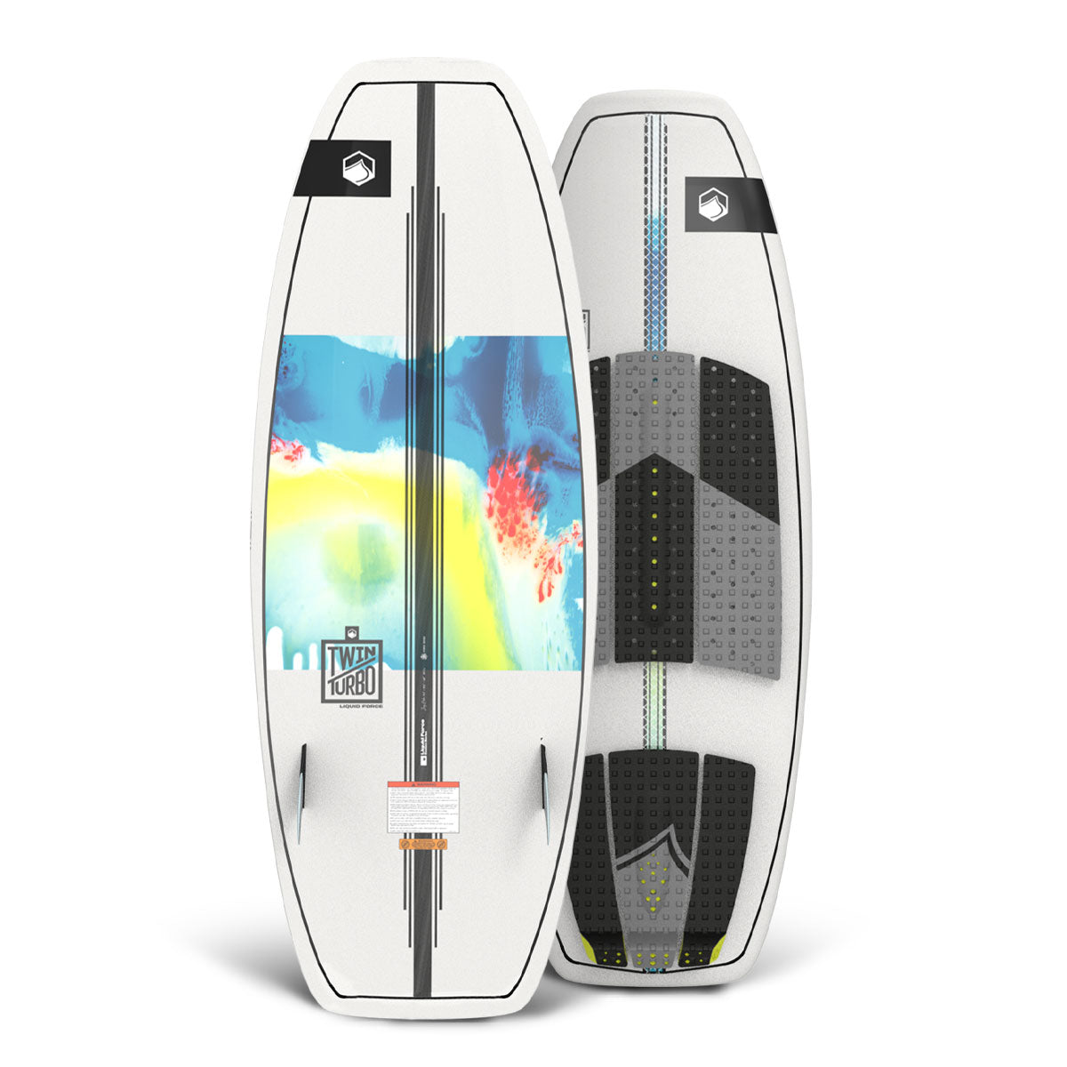 Top and bottom view of wakesurf board with colorful graphics on white background.