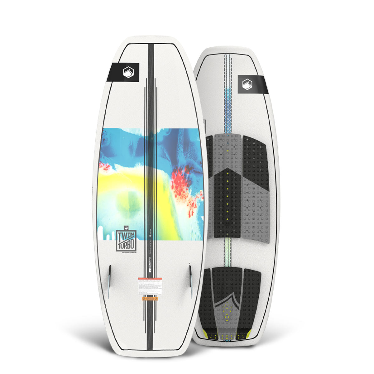 Top and bottom view of Liquid Force wakesurfer; colorful designs, grip pads, and brand logos.