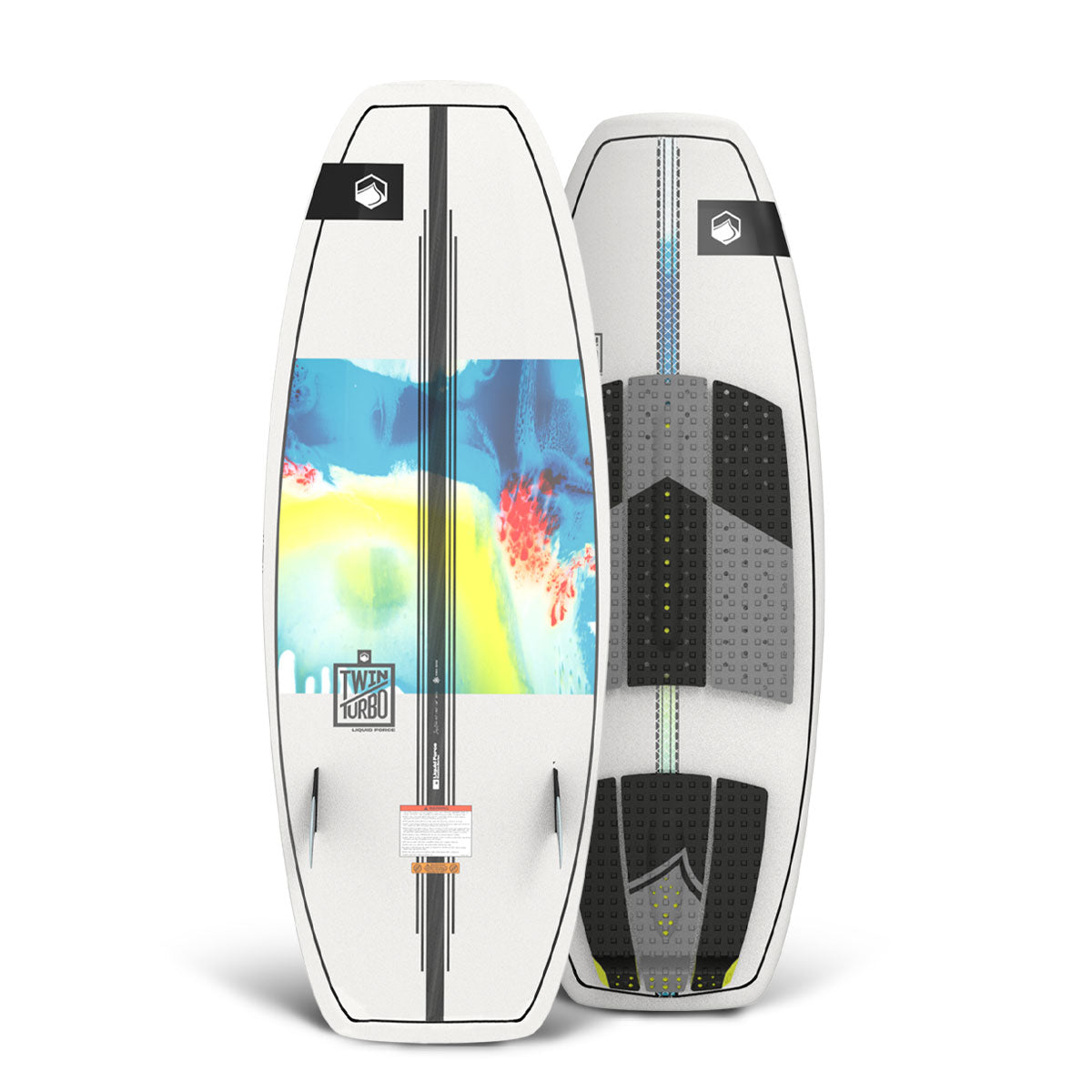 Top and bottom view of white wakesurf board with colorful designs and black traction pads for wakesurfing.