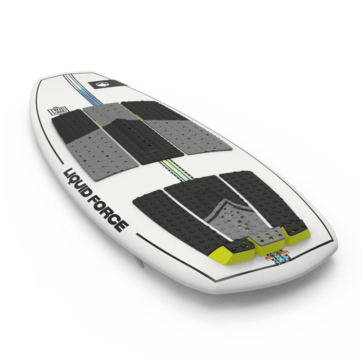 Wakesurf board in white with textured black and gray footpads.