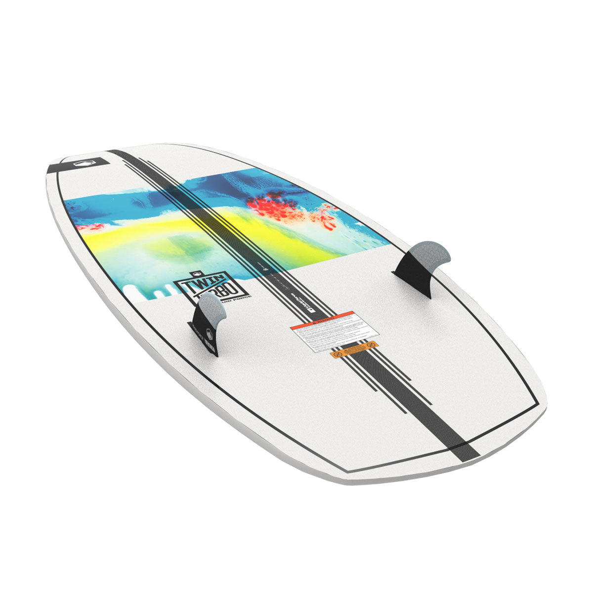 Underneath view of a wakesurf board with fins, abstract art, logo on a white base.