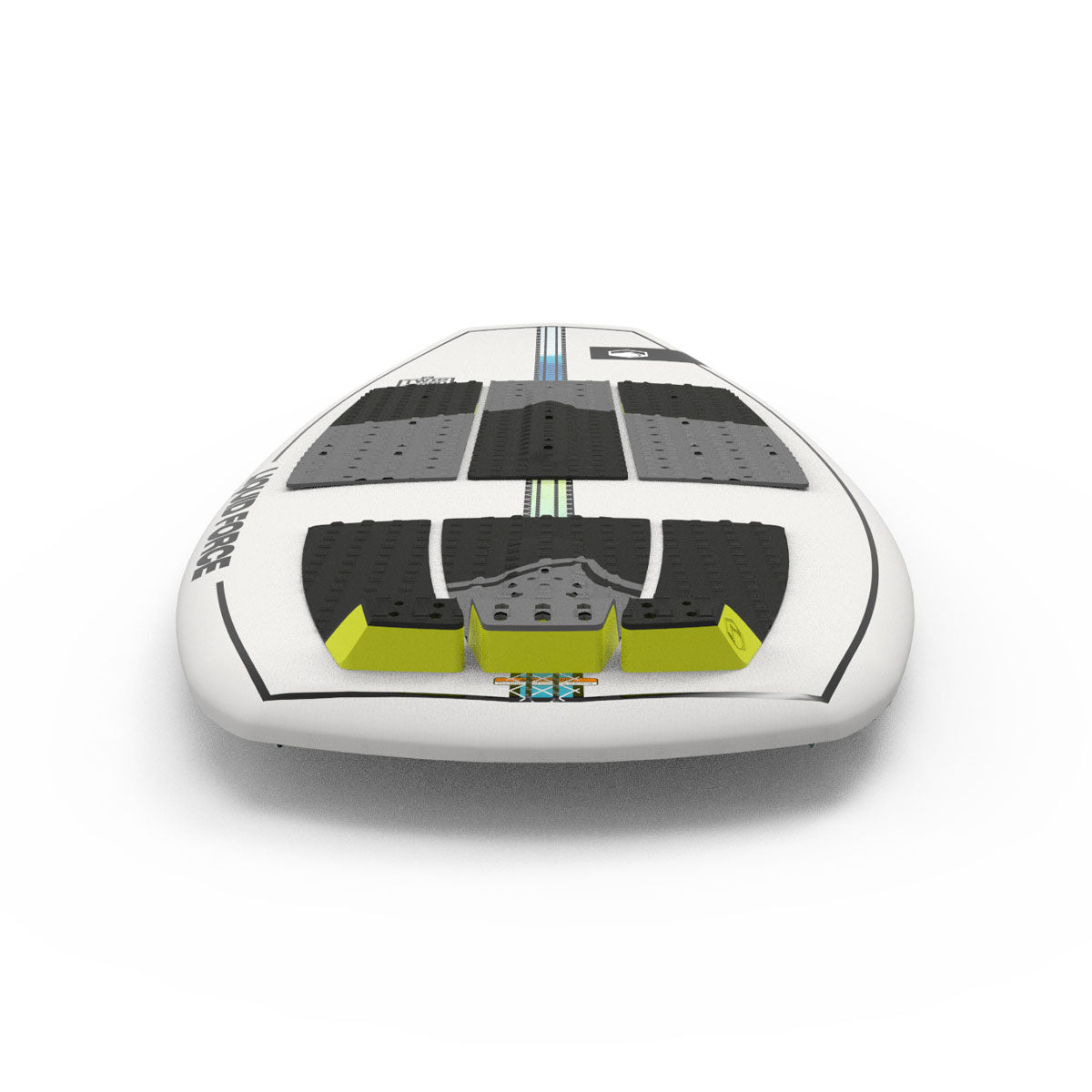 White wakesurf board with black & green pads on a white background.