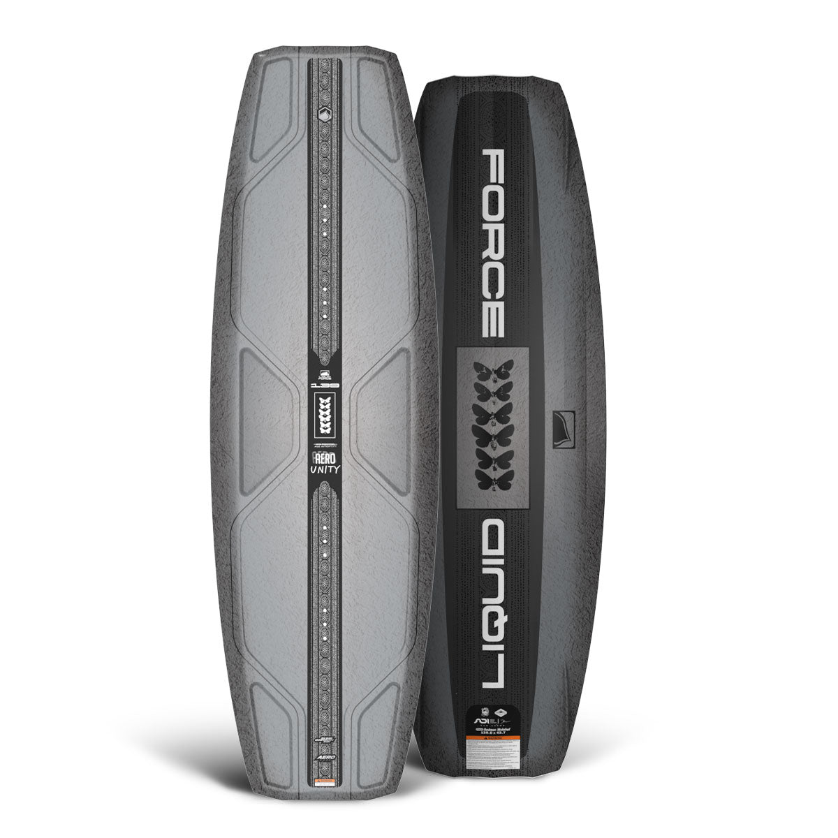 Two Unity AERO wakeboards side by side, featuring gray designs and Liquid Force branding.