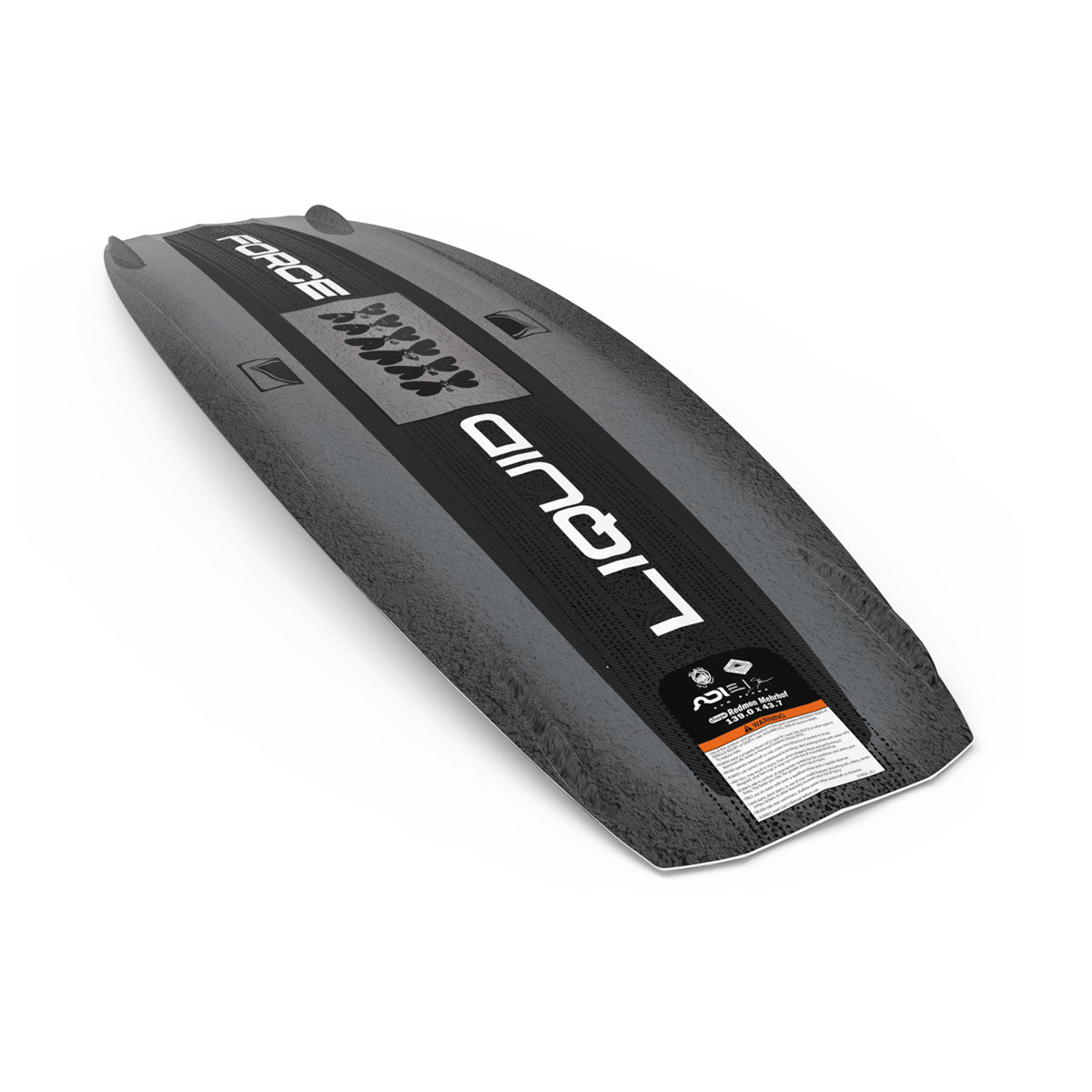 Wakeboard, bottom view, of a wakeboard with textured surface and white logo.