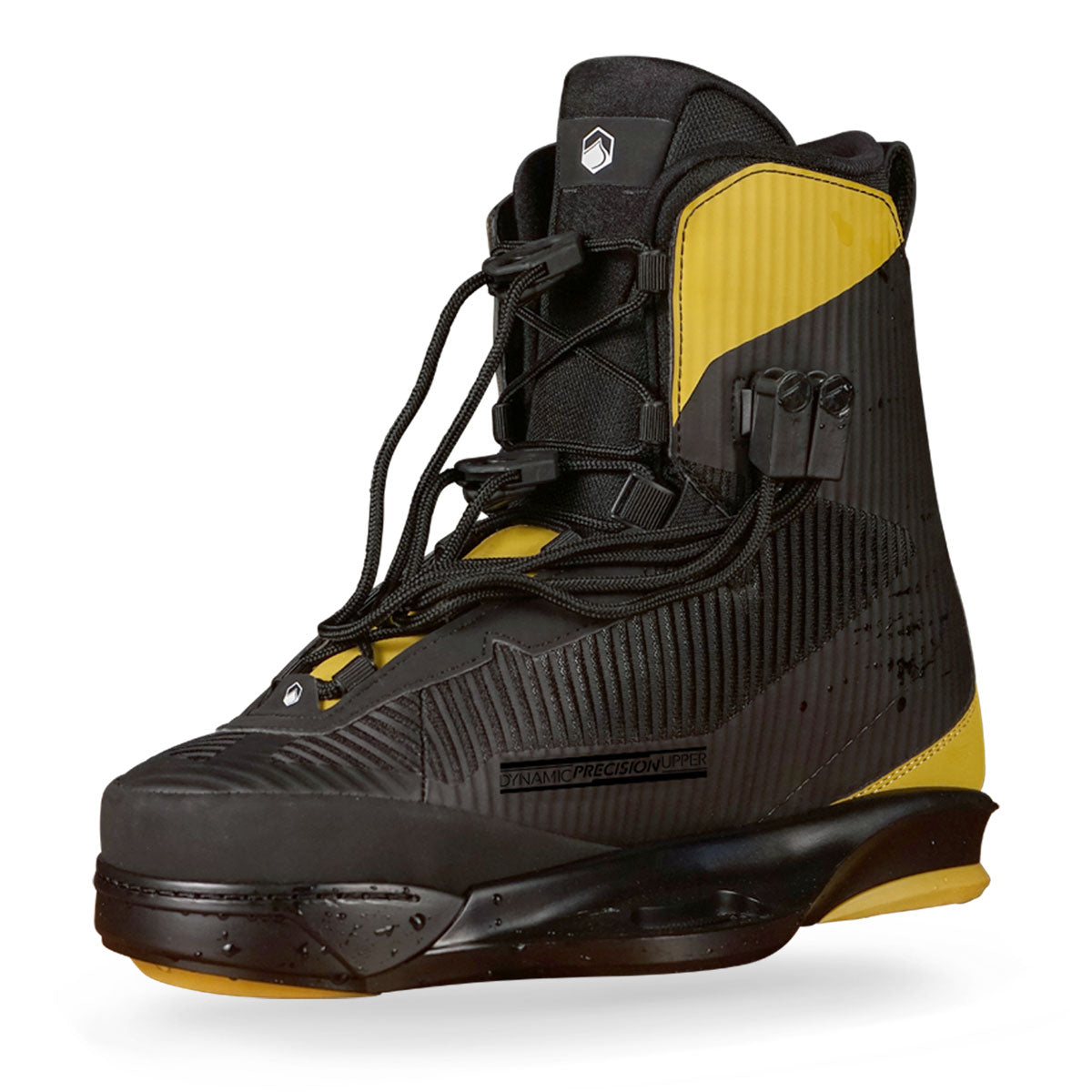 Wakeboard boot in black and yellow with detailed lacing and textured design.