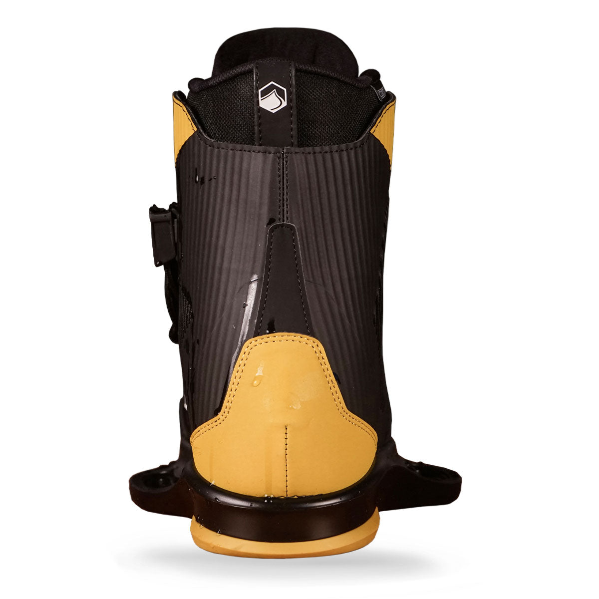 Black and yellow wakeboard boots with a ribbed texture, viewed from the back on a white background.