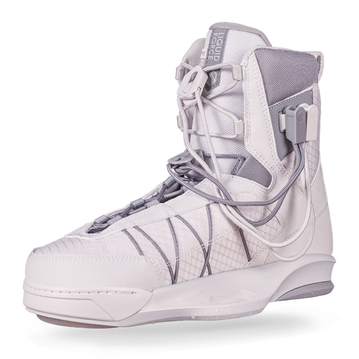 White high-cuff wakeboard binding with intricate stitching, straps, a side lace clip.