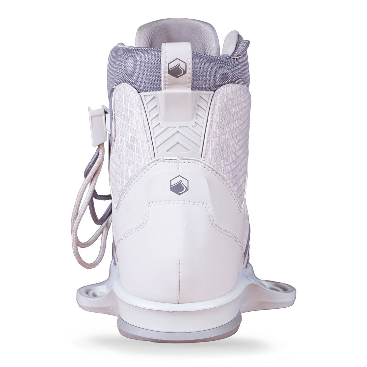 Rear view of white boots with grey accents and a lace fastening system.