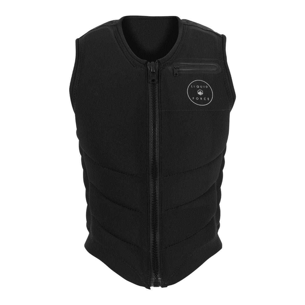 Front view of Womens Breeze Comp: black sleeveless vest with front zipper and logo on left chest.