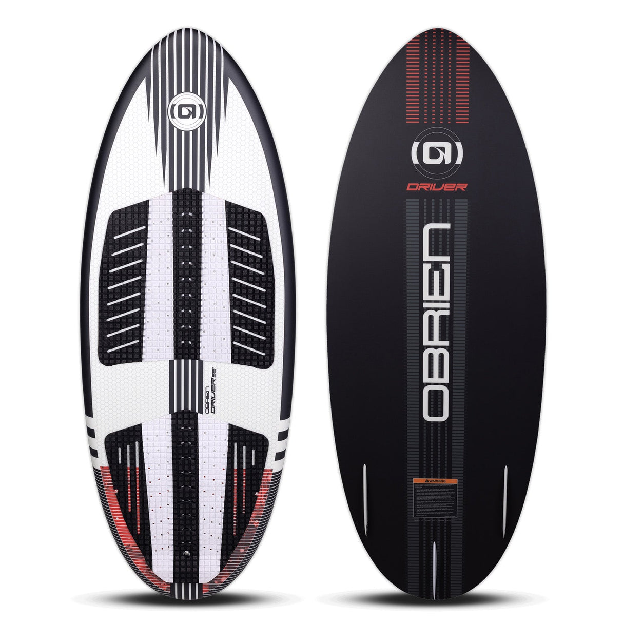 Top and base views of the Driver wakesurfer with black, white, and red design.