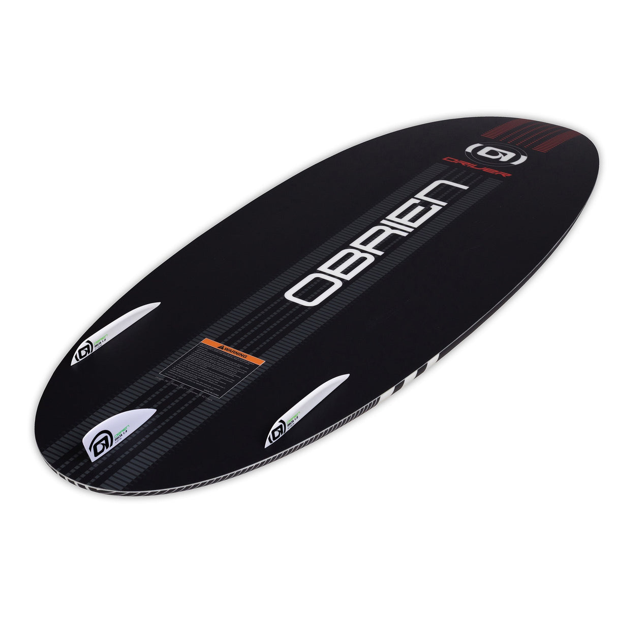 Angled bottom view of the Driver wakesurf board with black base and white O'Brien logo.