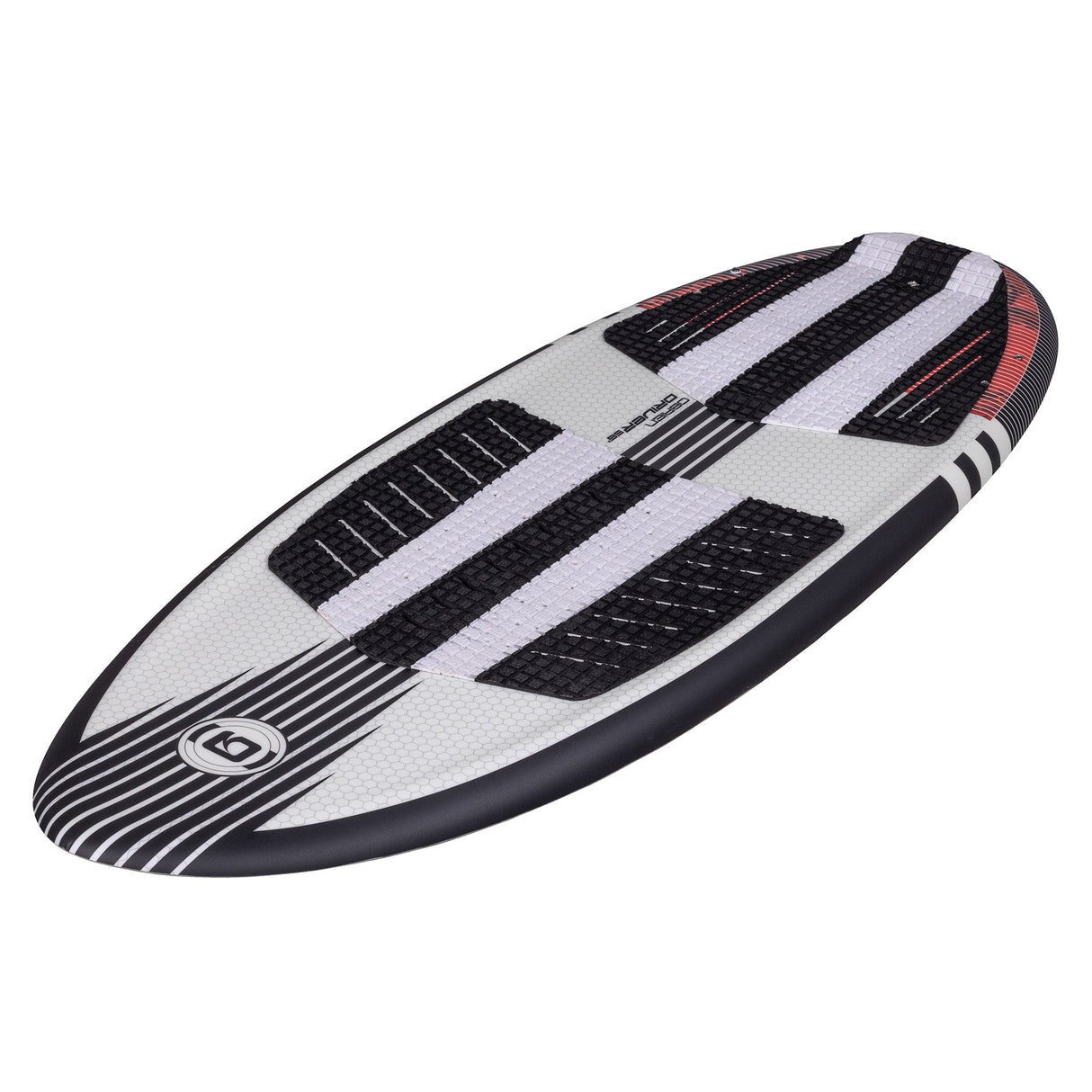 Angled top view of the Driver wakesurf board in black and white with red accents.