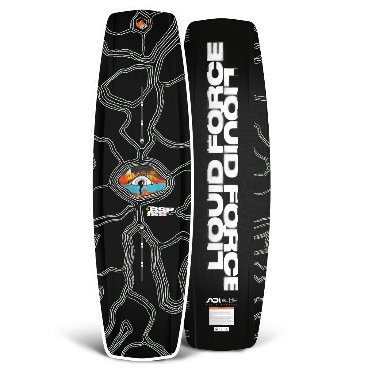 Top and base view of Butterstick Pro wakeboard with black base and white line art accents.