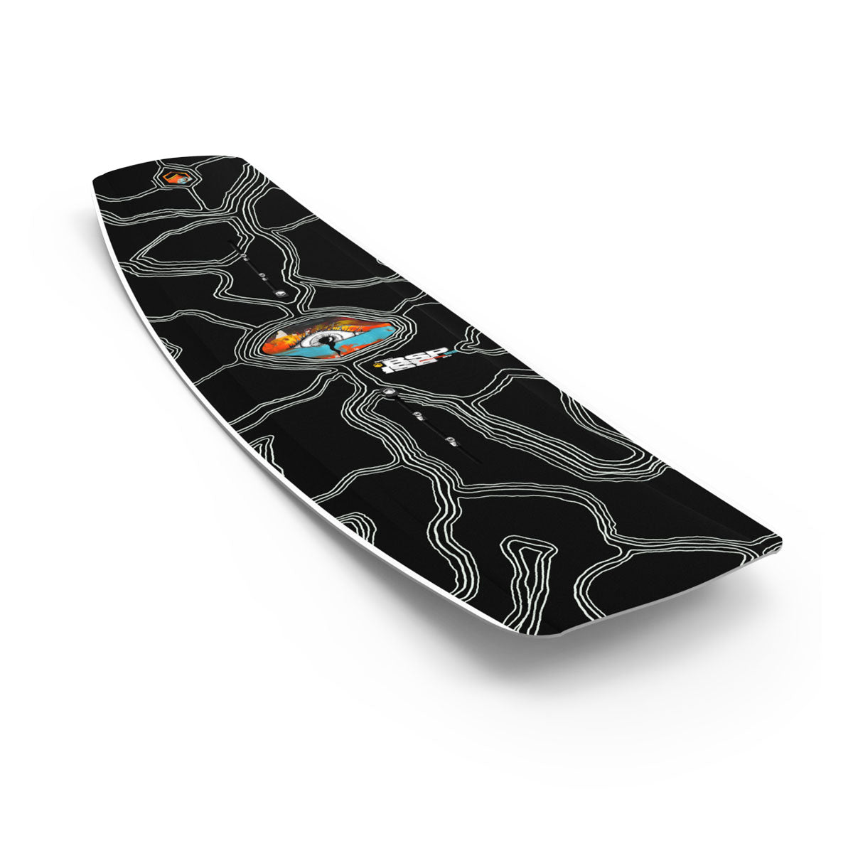 Angled view of Butterstick Pro wakeboard showing black deck with contour line graphics.