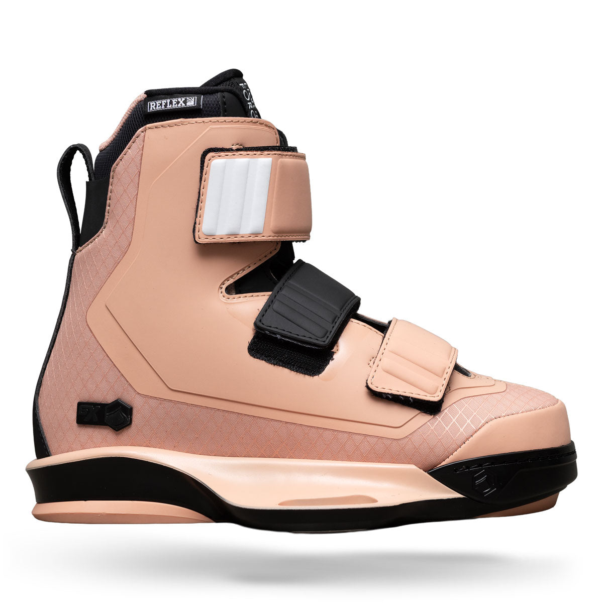 Side view of Hook 6X binding in coral with black straps and white accent detail.