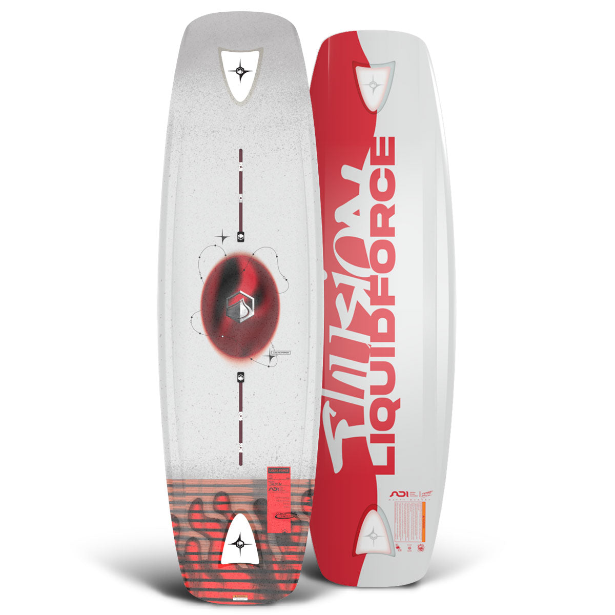 Illusion wakeboard with white deck and red gradient details, top and base shown.