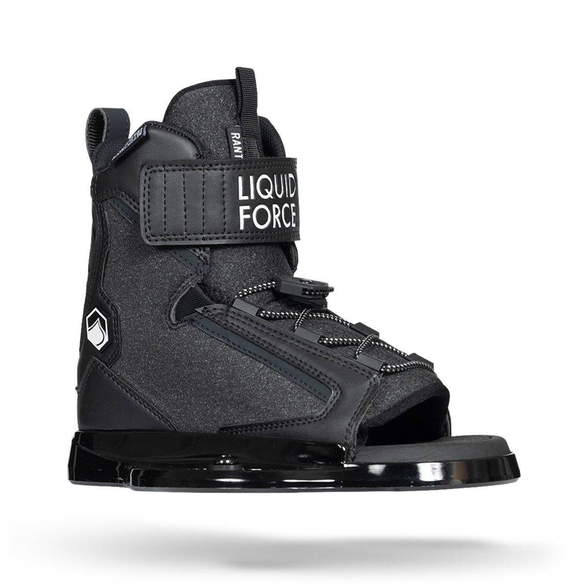 Angled side view of Rant 6R black binding with strap and laces.