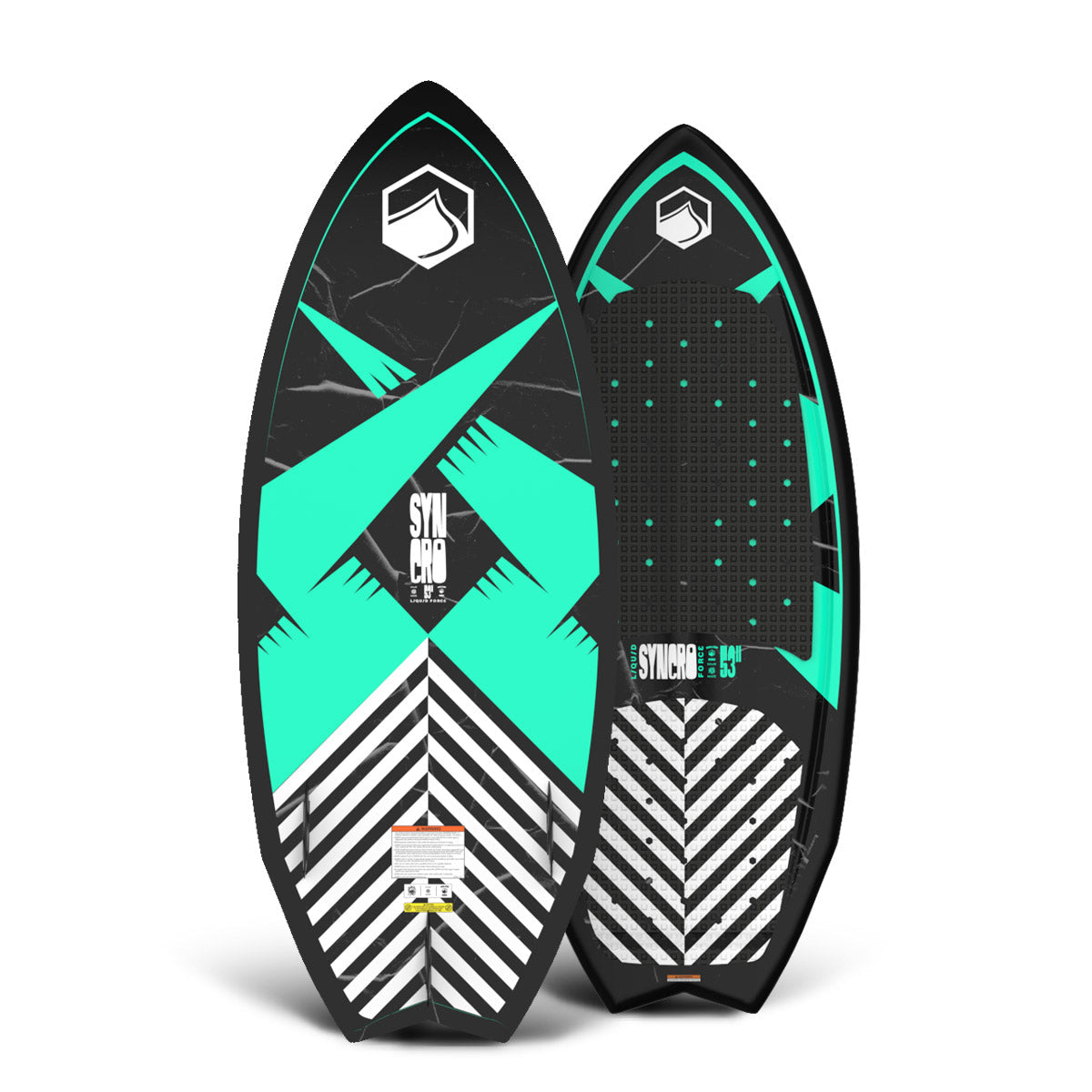 Front and back view of Syncro 57" board featuring teal geometric design and striped tail.