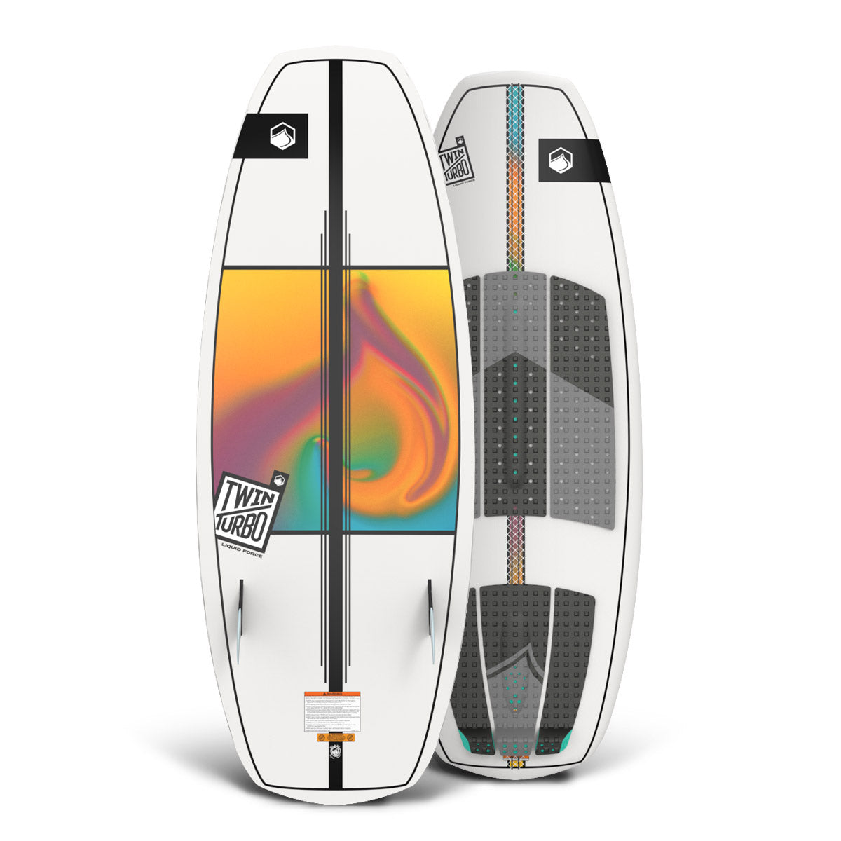 Base and top of the Twin Turbo 4'10" wakesurfer with white base, rainbow swirl graphic, and gray traction pads.