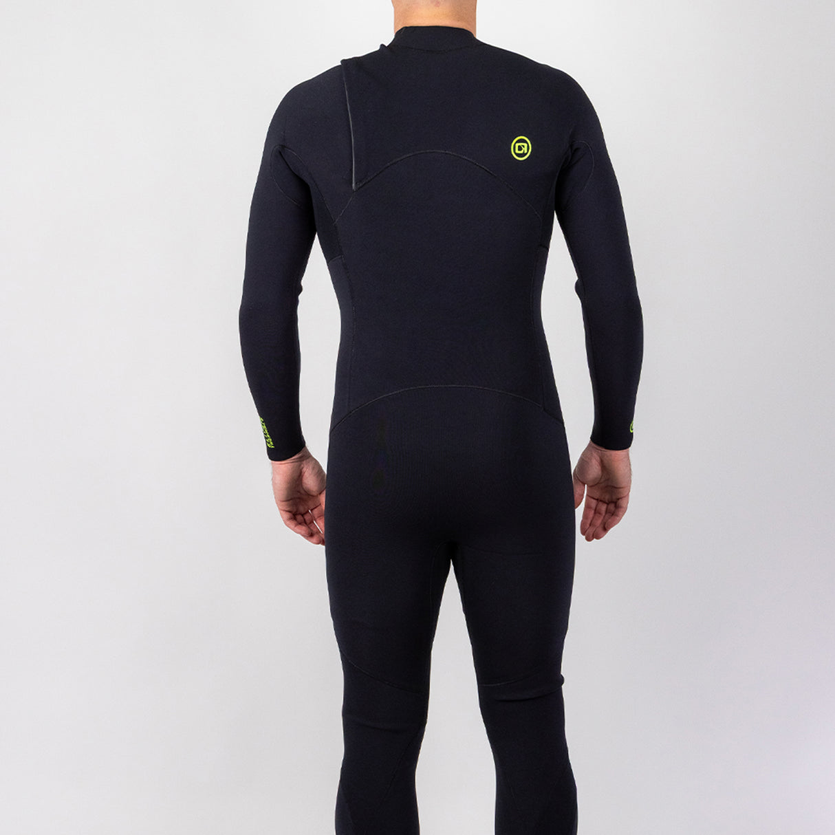 Black wetsuit with a logo on the chest against a white background