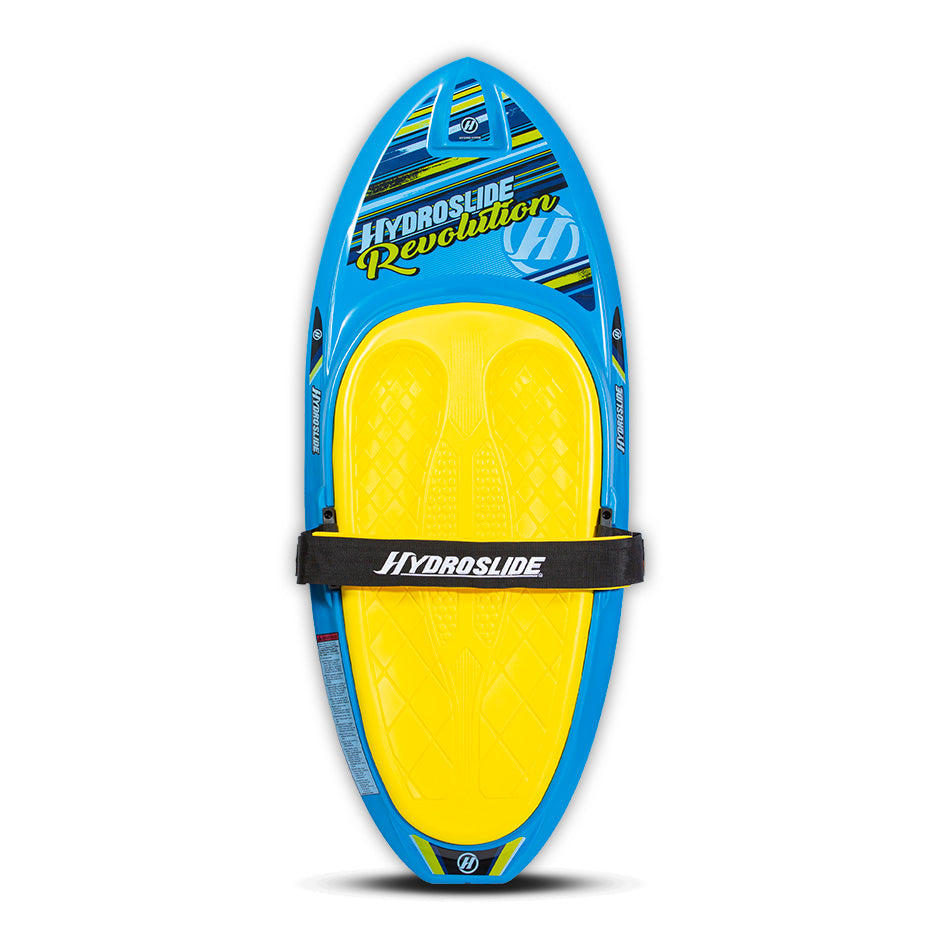 Top view of the Hydroslide Revolution Kneeboard in blue and yellow, featuring a contoured knee pad and adjustable strap.