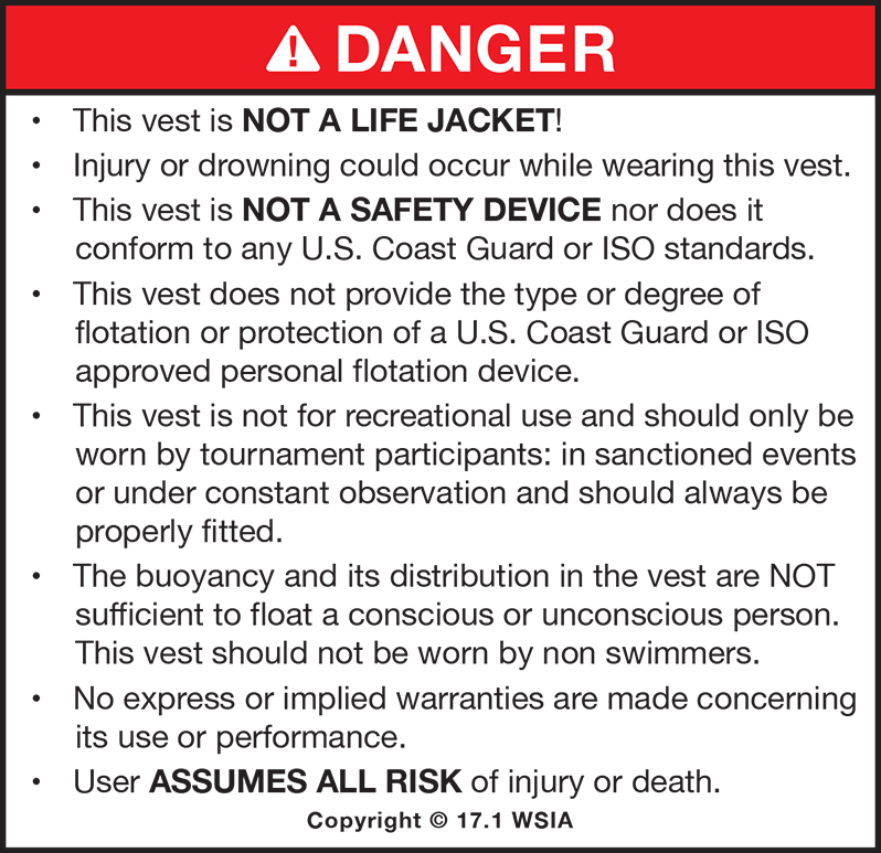 Non Coast Guard Approved Safety Warning Label and Disclaimer stating this product is not an approved flotation device.