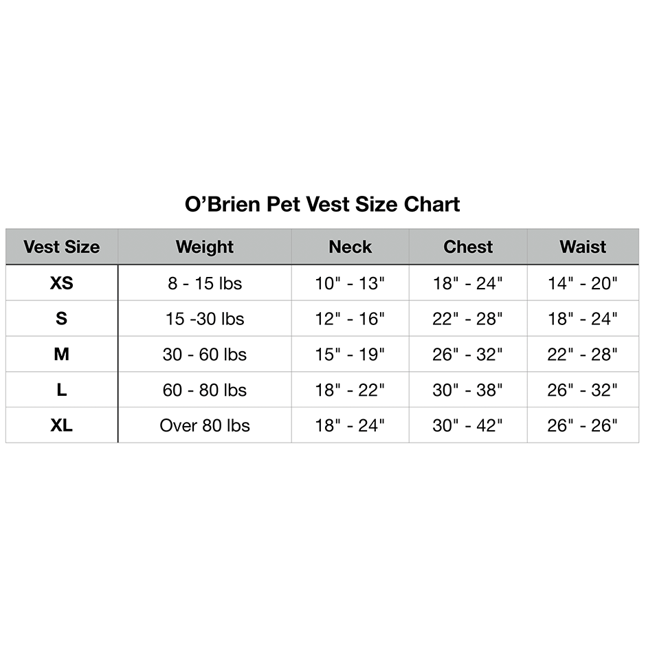 OBrien Pet Vest size chart with XS to XL measurements.