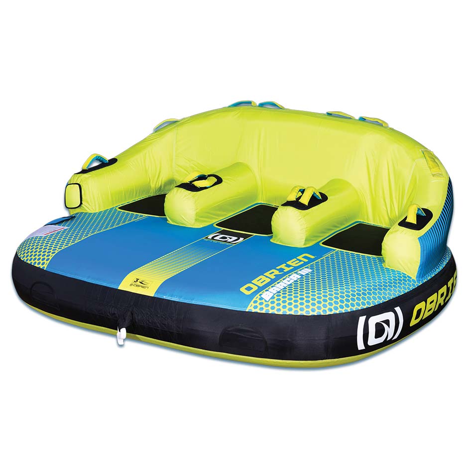 OBrien Barca 3 Boat Tube seats three, in blue and lime green.