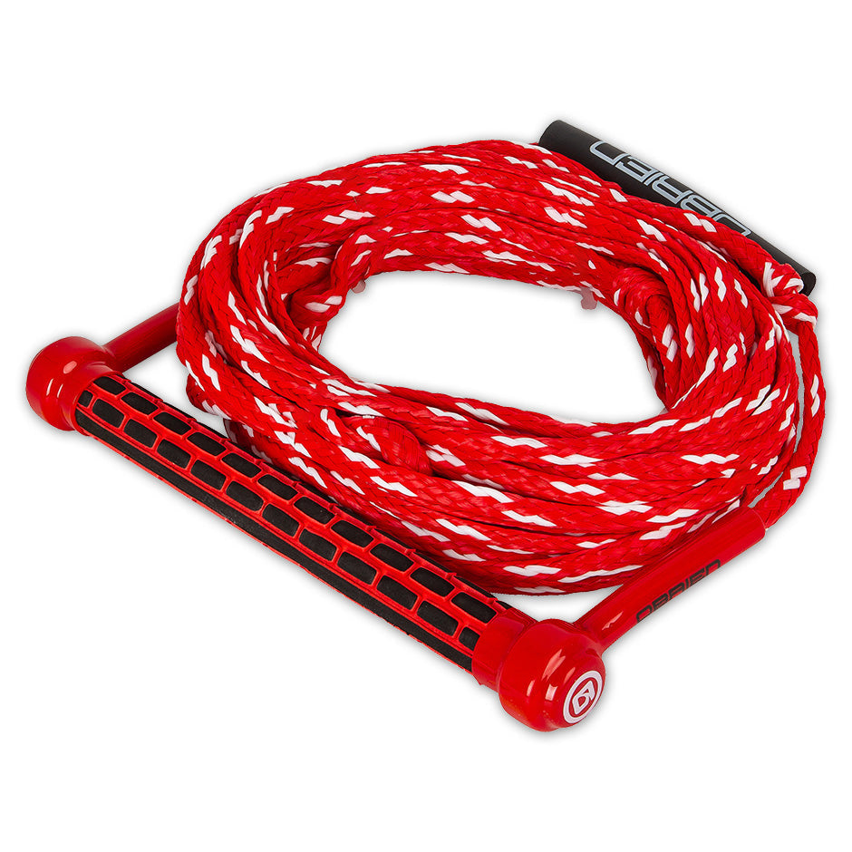 Angled view of the O'Brien 1-Section Deep-V Ski Combo Rope and Handle, with a red handle with a deep-V design and red rope.