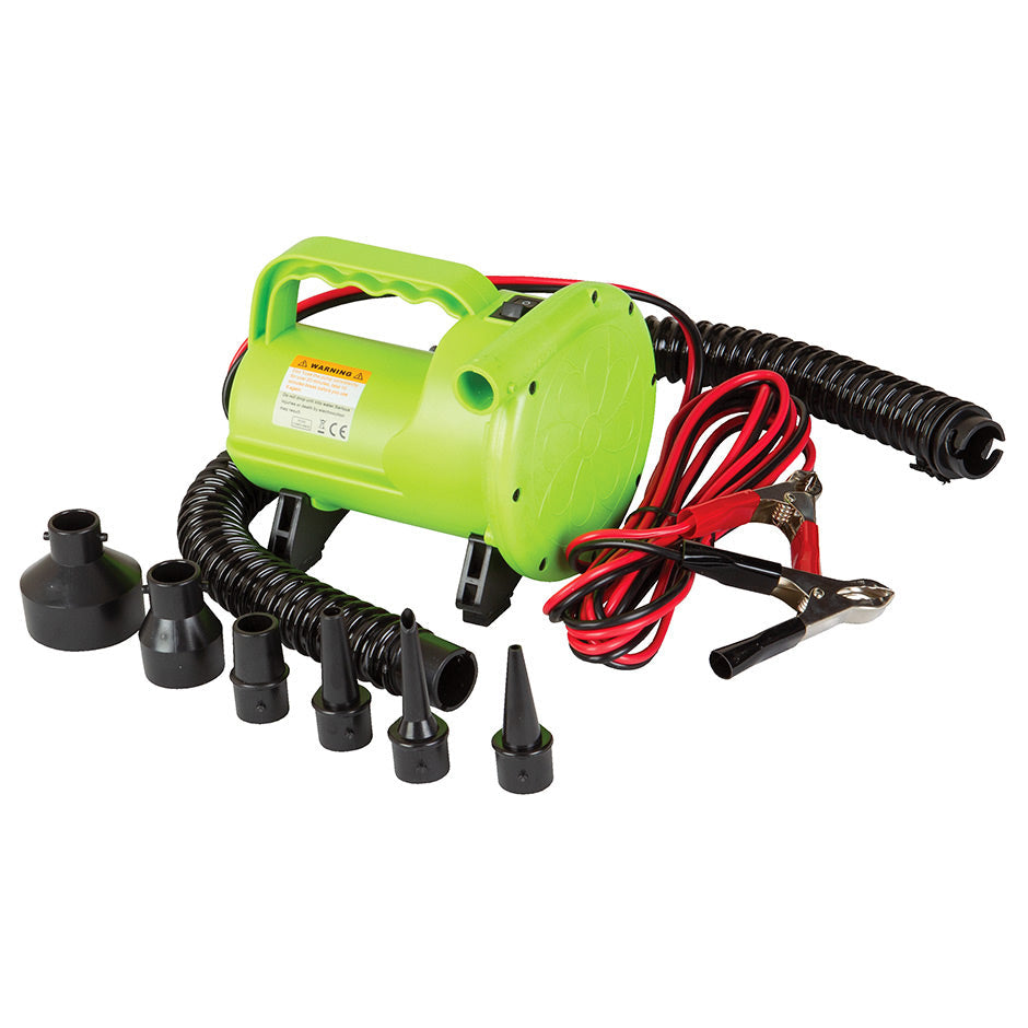O'Brien 12V High-Pressure Tube Inflator, a green pump with a handle, black hose and multiple nozzle attachments.