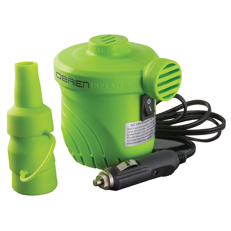 O'Brien 12V Inflator, a compact green pump with a black car adapter, a switch, and a single green nozzle attachment.