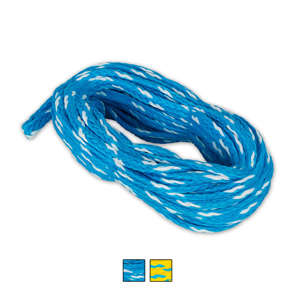 Coiled blue and white O'Brien 2-Person Tube Rope, a durable braided rope designed for towing up to two riders.