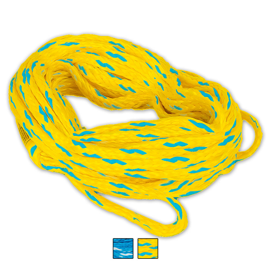 Coiled yellow and blue O'Brien 2-Person Tube Rope, a strong braided rope made for safely towing two riders.