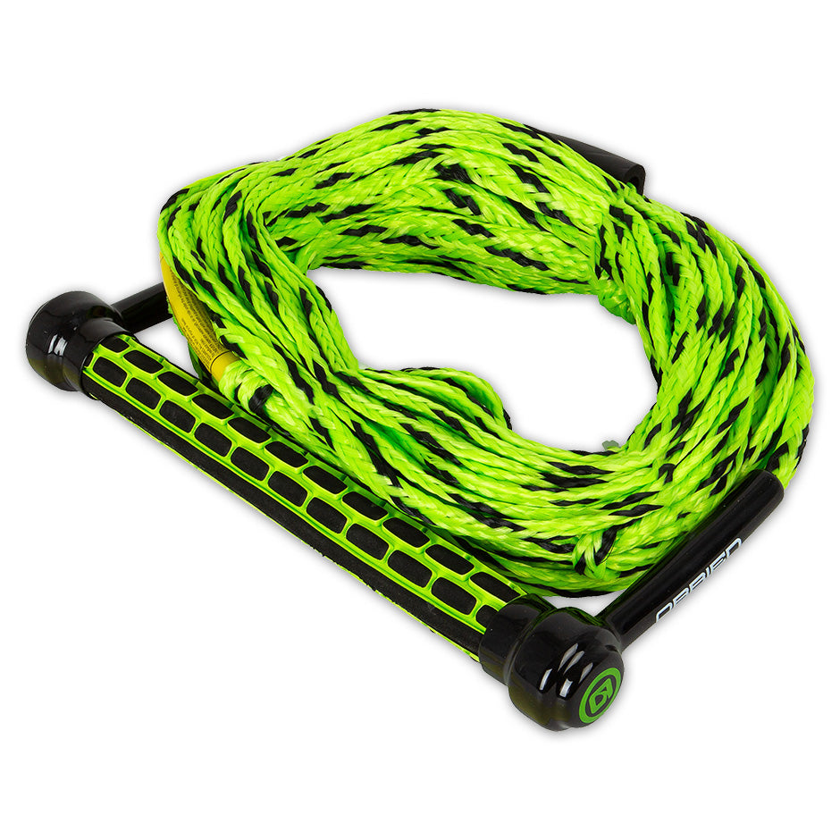 Angled view of the O'Brien 2-Section All Purpose Combo Rope and Handle, with a green and black grip with a matching rope.
