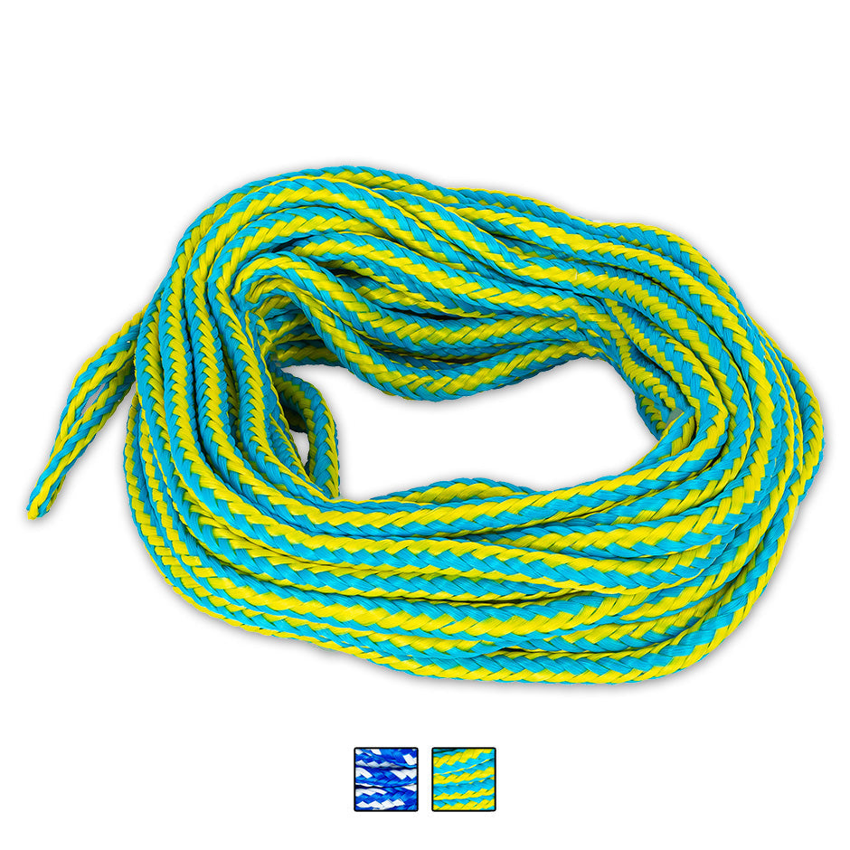 O'Brien 4-Person Floating Tube Rope, a coiled yellow and blue braided rope designed for four riders.