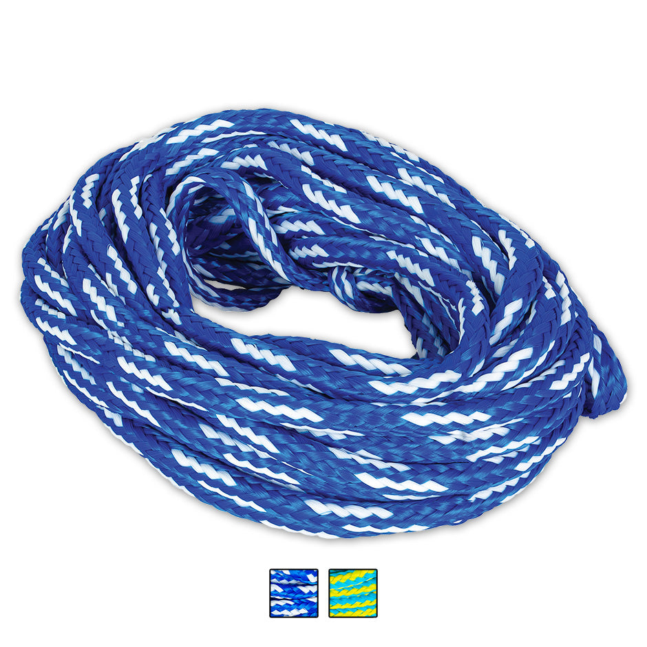 O'Brien 4-Person Floating Tube Rope, a coiled blue and white braided rope designed for four riders.