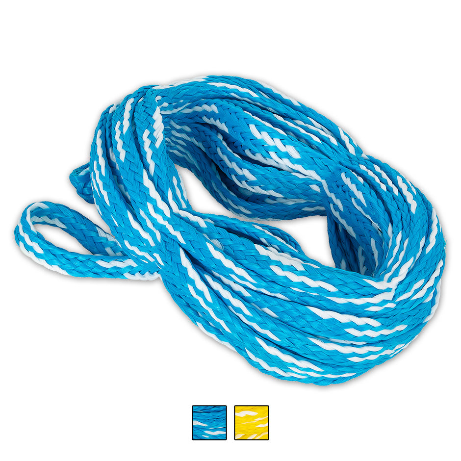 Coiled blue and white O'Brien 4-Person Tube Rope, a high-strength braided rope made for towing four riders.