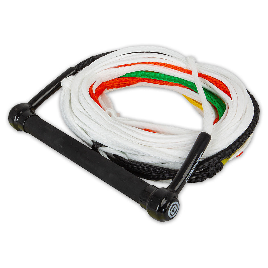 Angled view of the O'Brien 5-Section Ski Combo Rope and Handle with a black grip handle and a white rope with red and black.