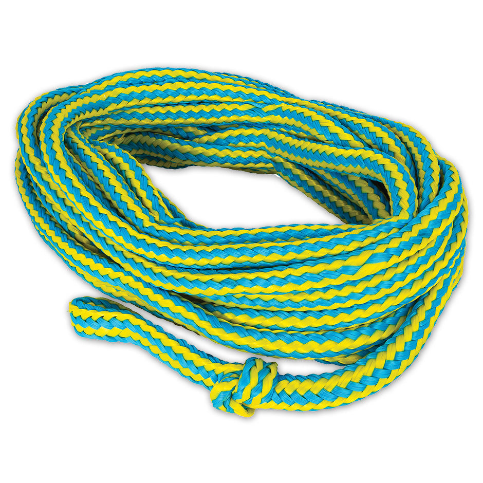 O'Brien 6-Person Floating Tube Rope, a coiled yellow and blue braided rope with a knotted loop for six riders.
