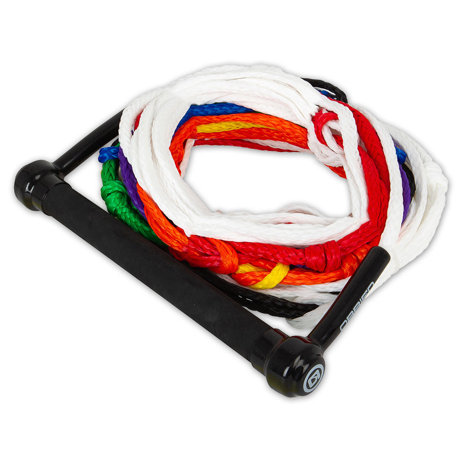 Angled view of the O'Brien 8-Section Ski Combo Rope and Handle with a black grip handle and white rope with colored sections.