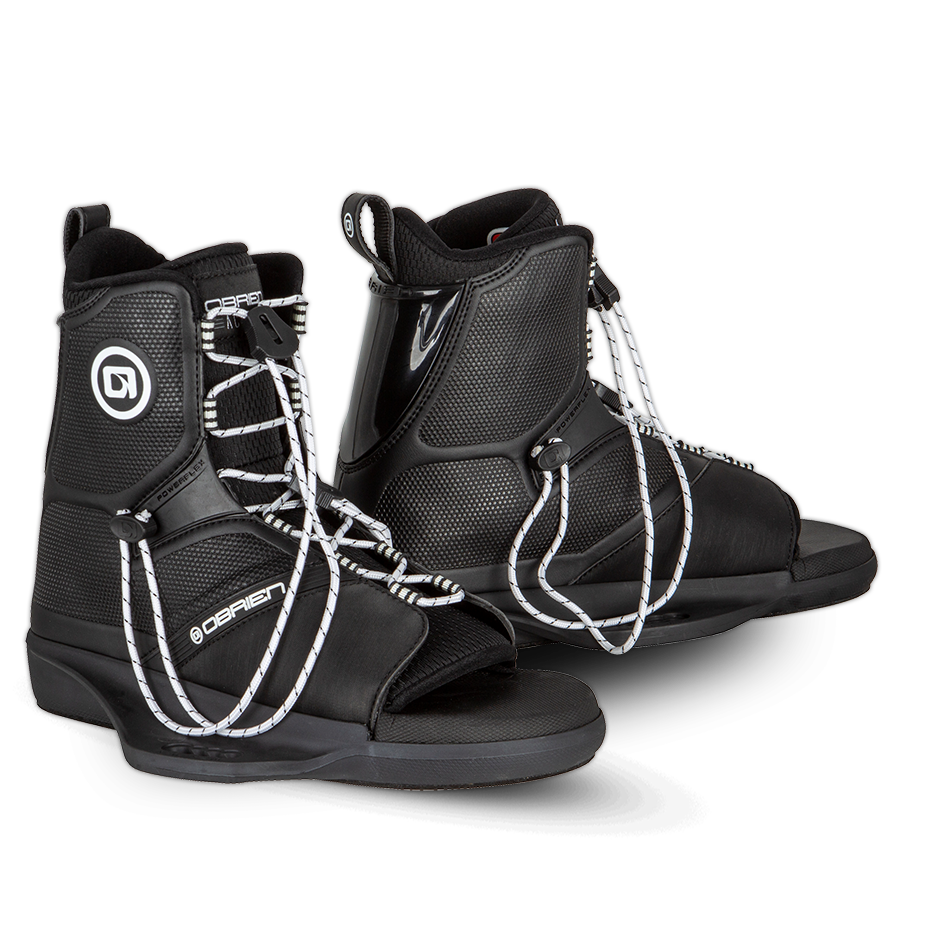 O'Brien Access Wakeboard Bindings in black with white laces, open toes, and secure ankle support.