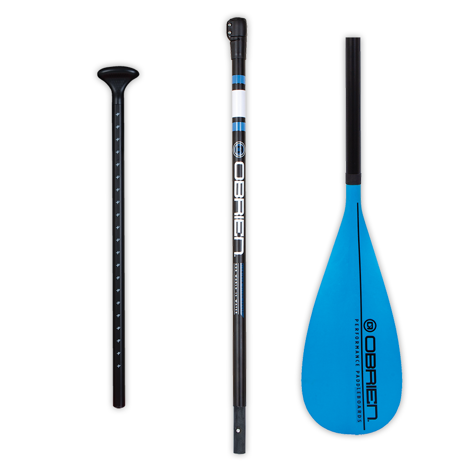 Three-piece O'Brien Adventure Travel Paddle with a blue blade, adjustable black shaft, and ergonomic grip.