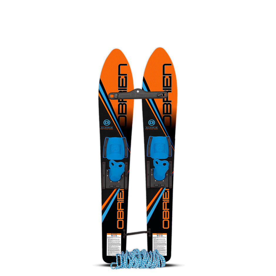 Top and base view of the O'Brien All-Star Trainer Waterskis in orange and black with blue child-friendly adjustable bindings.