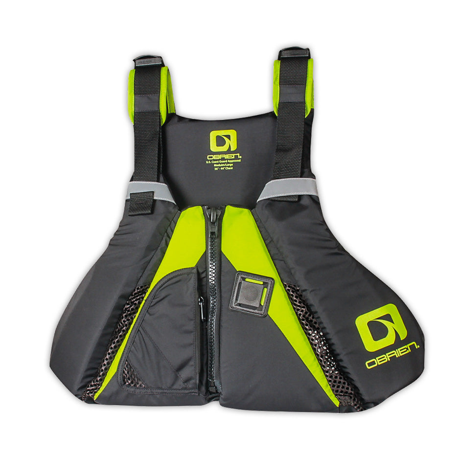 Black and green O'Brien Arsenal SUP Life Jacket with adjustable straps and front zipper.
