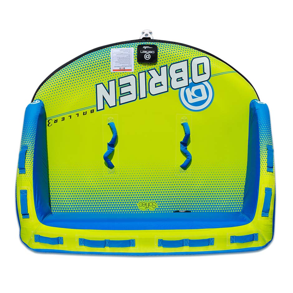Blue/yellow OBrien Baller 3 inflatable water tube with handles.